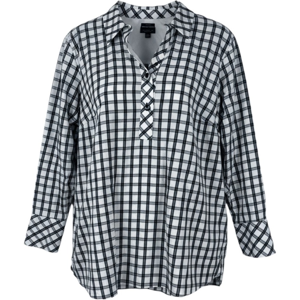 Talbots Woman Petites Non-Iron Plaid Popover Tunic 20WP Black White Casual